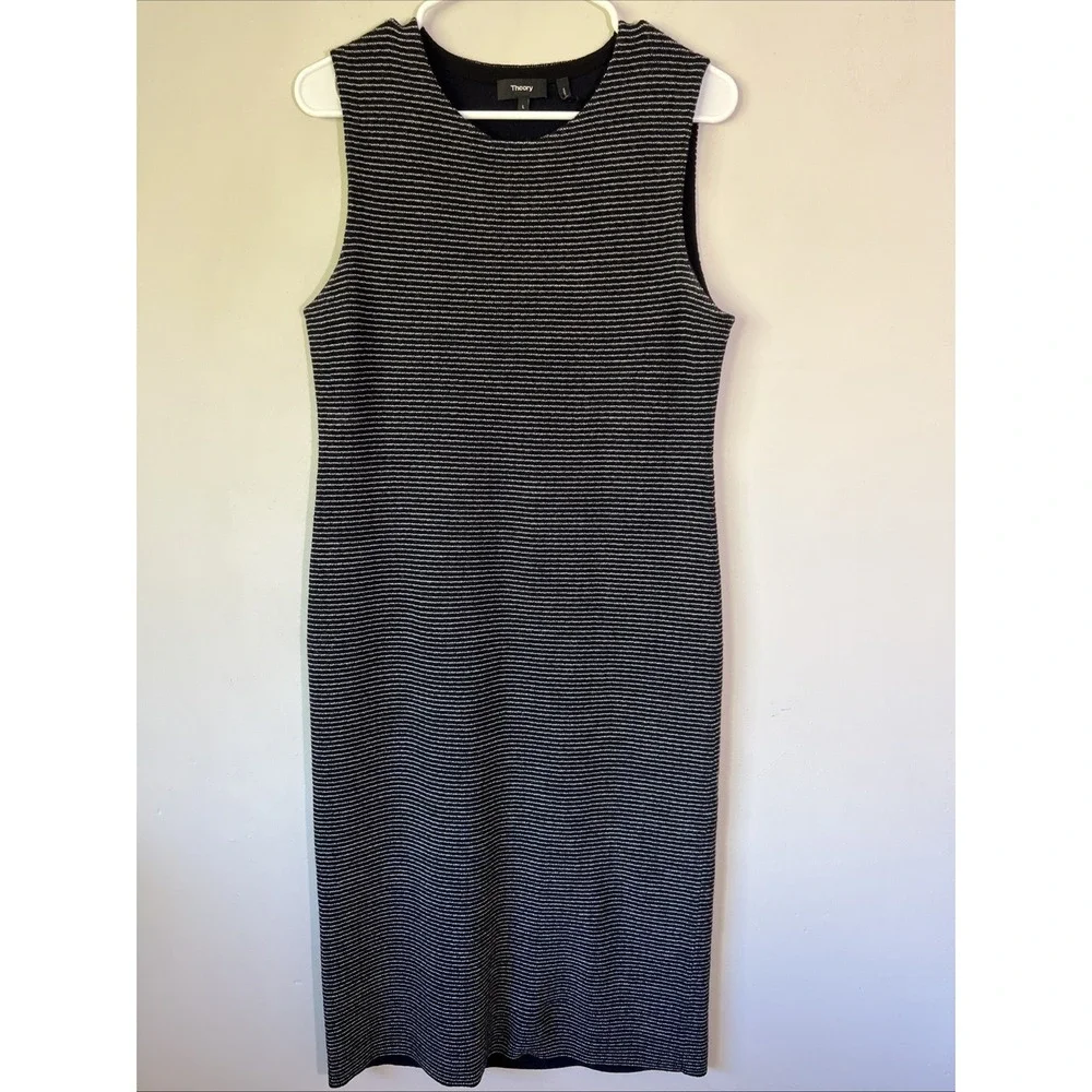 Theory Koldeen O Noble Wool Midi Dress Striped Size L Blue Black Luxury Career